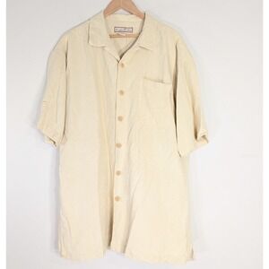 Paradise Blue Beige Silk Button Down Shirt; Short Sleeve Jacquard Palm XL